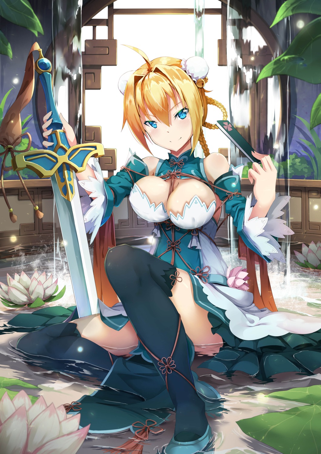 asian_clothes cleavage fate/aggression jie_laite saber_(fate/aggression) sword thighhighs wet