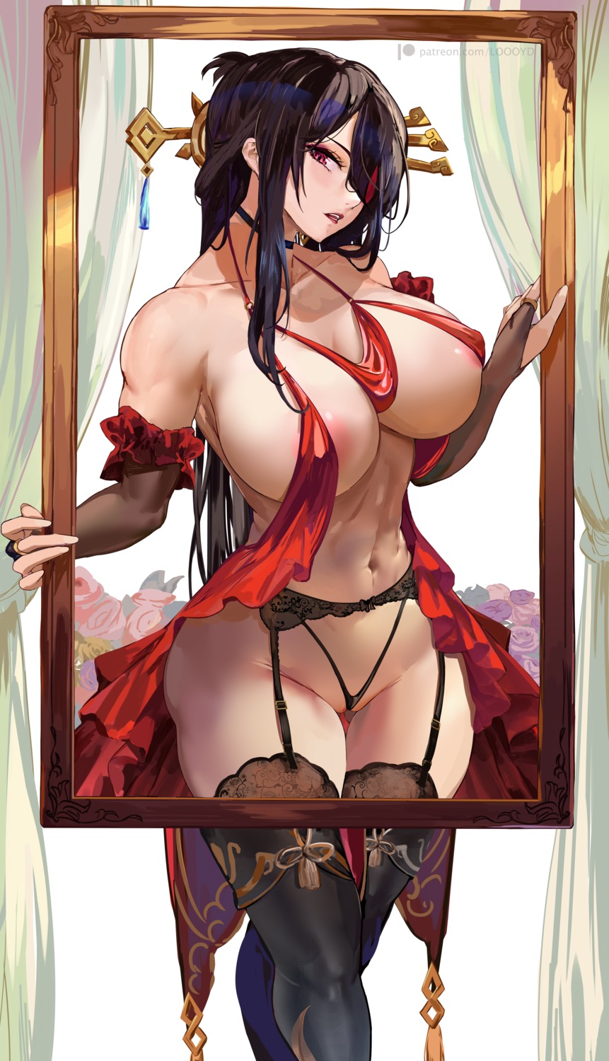 areola beidou erect_nipples eyepatch genshin_impact loooyd no_bra pantsu stockings thighhighs thong