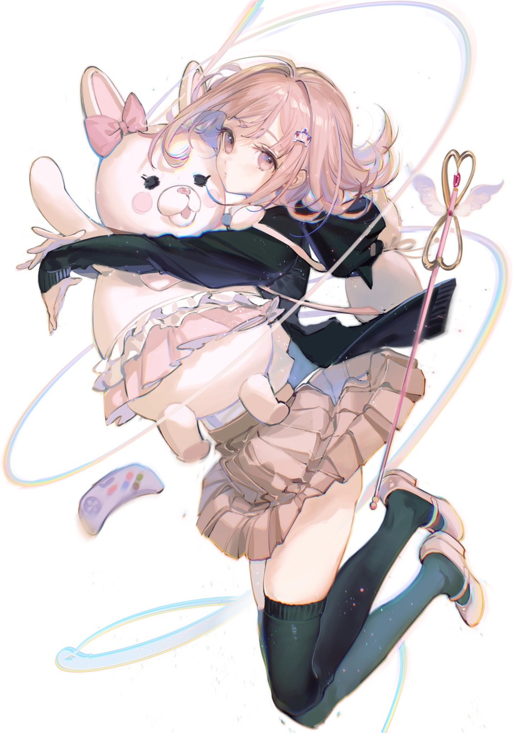 dangan-ronpa dangan-ronpa_2 monomi nanami_chiaki rumoon seifuku skirt_lift thighhighs weapon