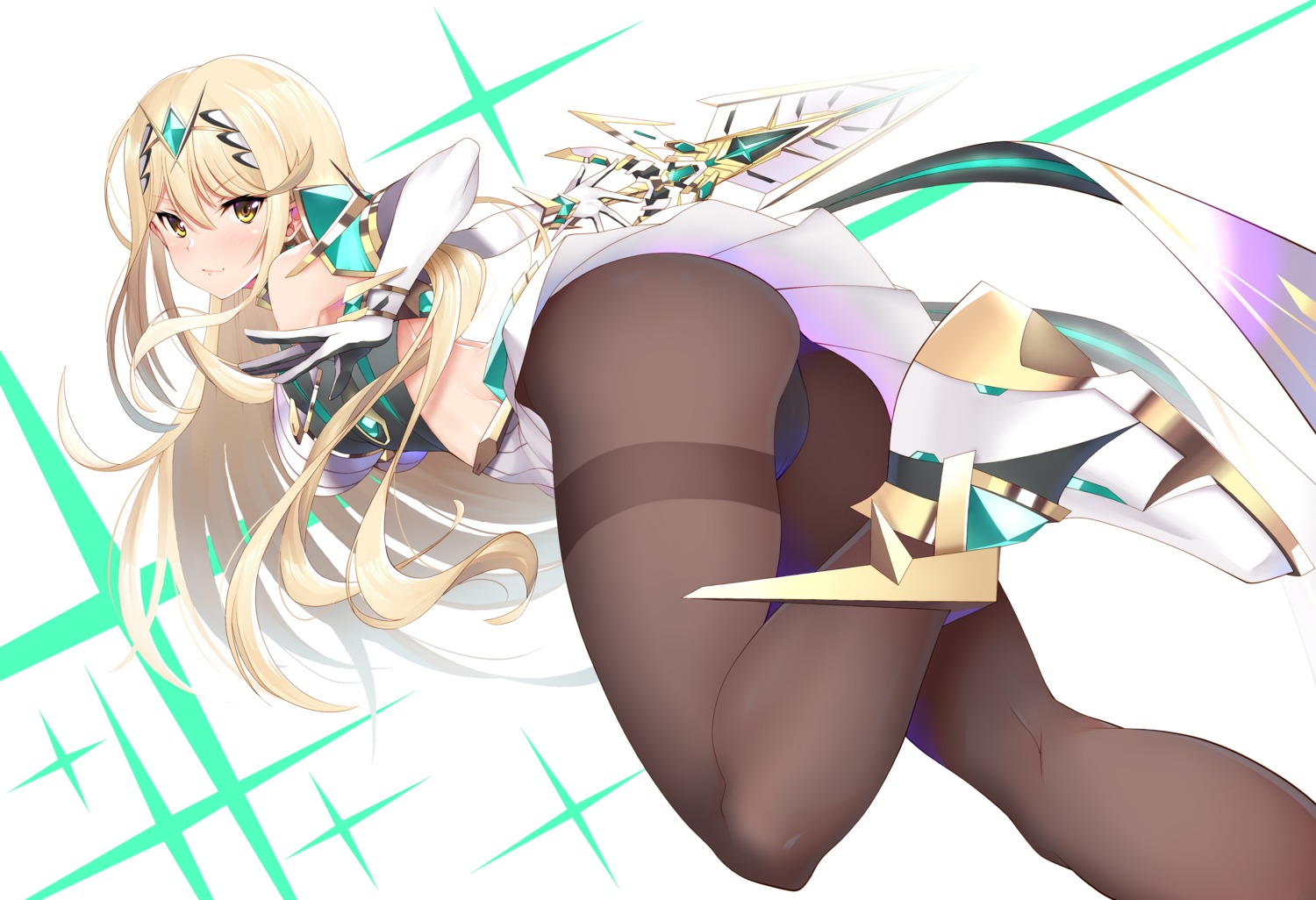 armor ass daive hikari_(xenoblade_2) pantsu pantyhose skirt_lift sword thong xenoblade xenoblade_chronicles_2