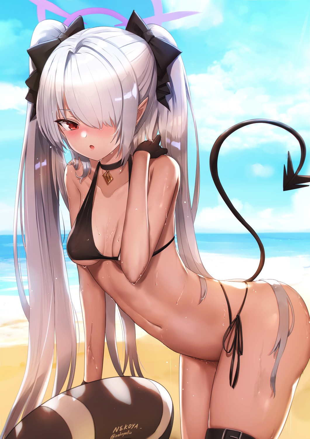 bikini blue_archive garter halo nekoya_(liu) pointy_ears shiromi_iori swimsuits tail wet