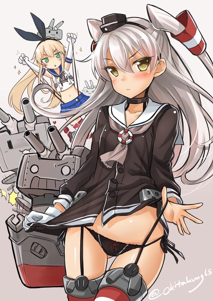 amatsukaze_(kancolle) kantai_collection okitakung pantsu shimakaze_(kancolle) stockings string_panties thighhighs