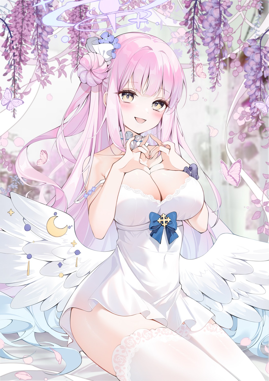 angel blue_archive breast_hold dress misono_mika no_bra thighhighs wardrobe_malfunction wings yukineko1018