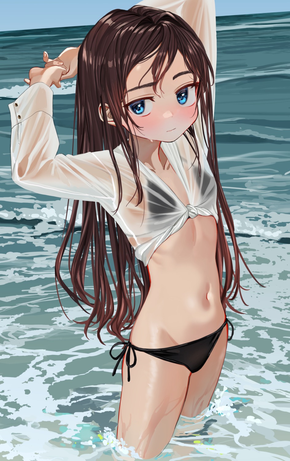 bikini dress_shirt loli luicent open_shirt shirt_lift swimsuits wet wet_clothes