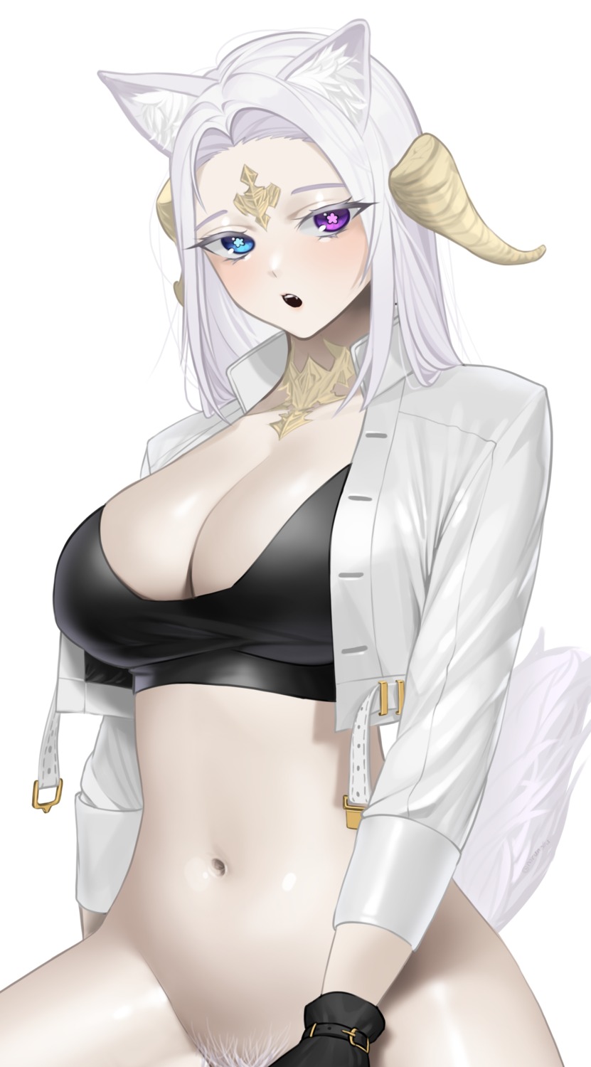 animal_ears bottomless bra heterochromia horns norunollu open_shirt pubic_hair tail