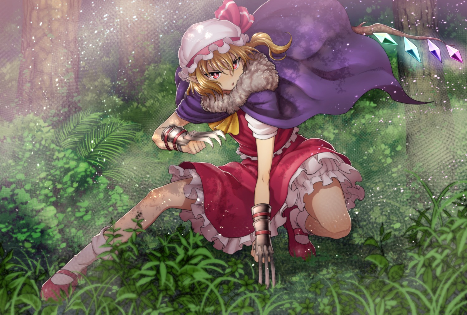 bloomers chiaki_rakutarou flandre_scarlet pointy_ears skirt_lift touhou weapon wings