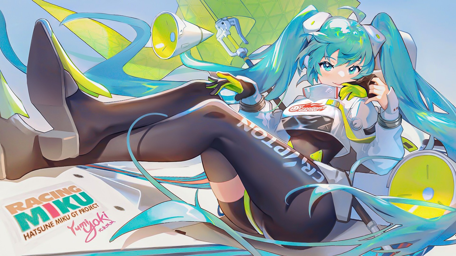 bodysuit goodsmile_racing hatsune_miku headphones heels racing_miku tapiokaro_(ximilul) thighhighs vocaloid