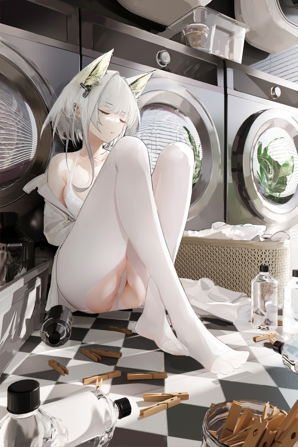 animal_ears arknights bra dress_shirt kal'tsit_(arknights) omone_hokoma_agm open_shirt pantsu pantyhose thong