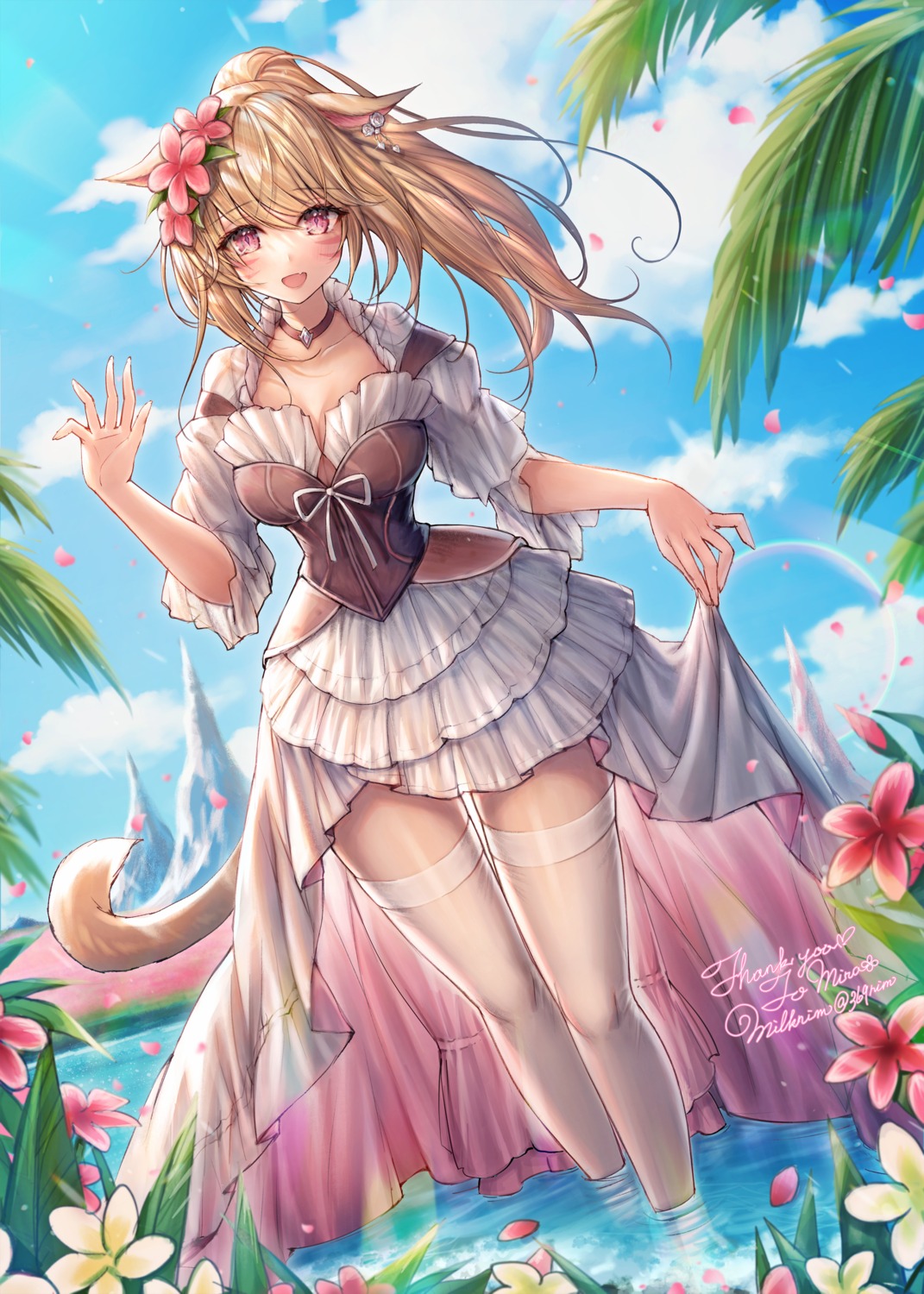 animal_ears cleavage dress final_fantasy final_fantasy_xiv miqo'te mirukurim nekomimi skirt_lift tail thighhighs wet