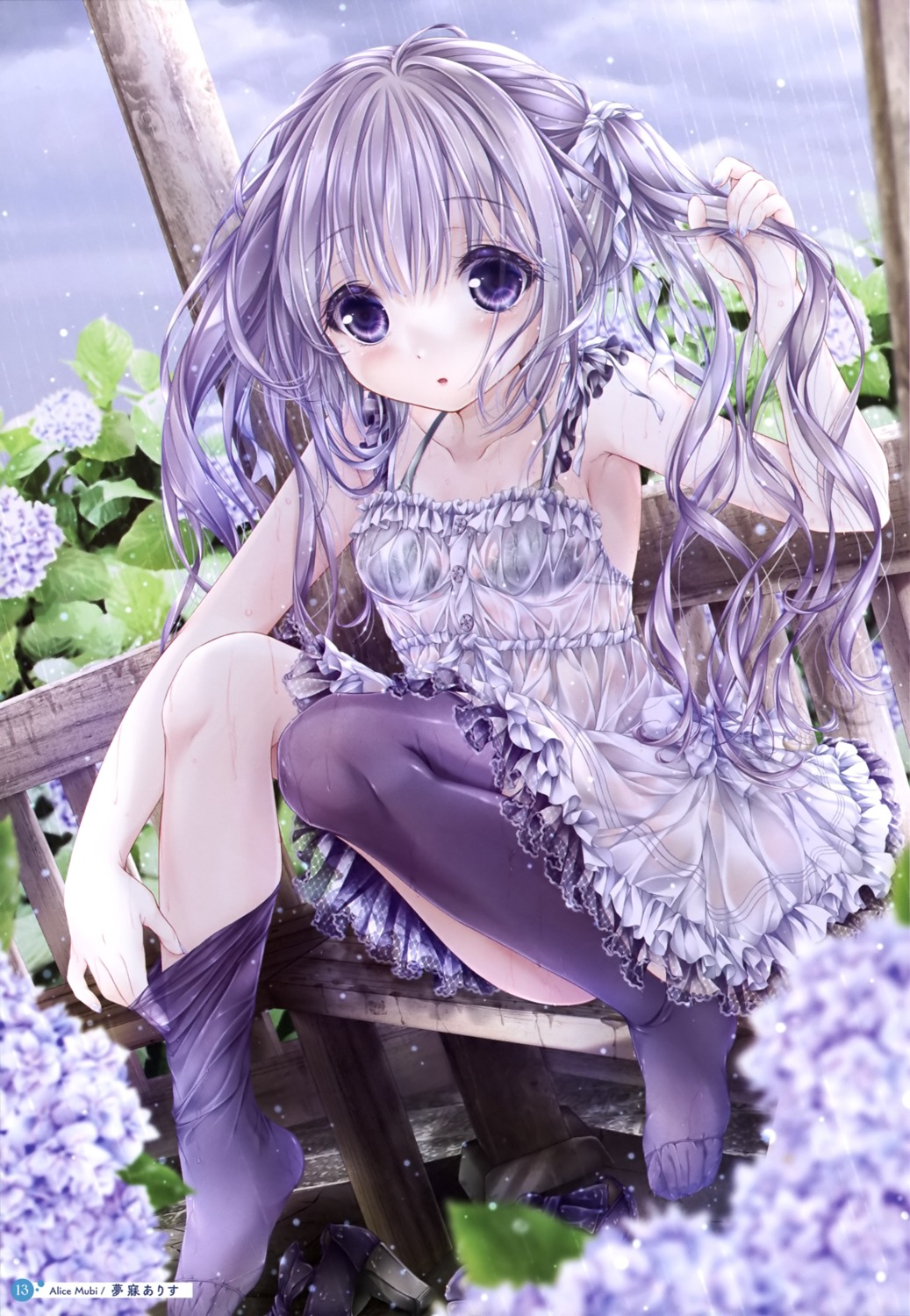 bra dress mubi_alice see_through summer_dress thighhighs undressing wet wet_clothes