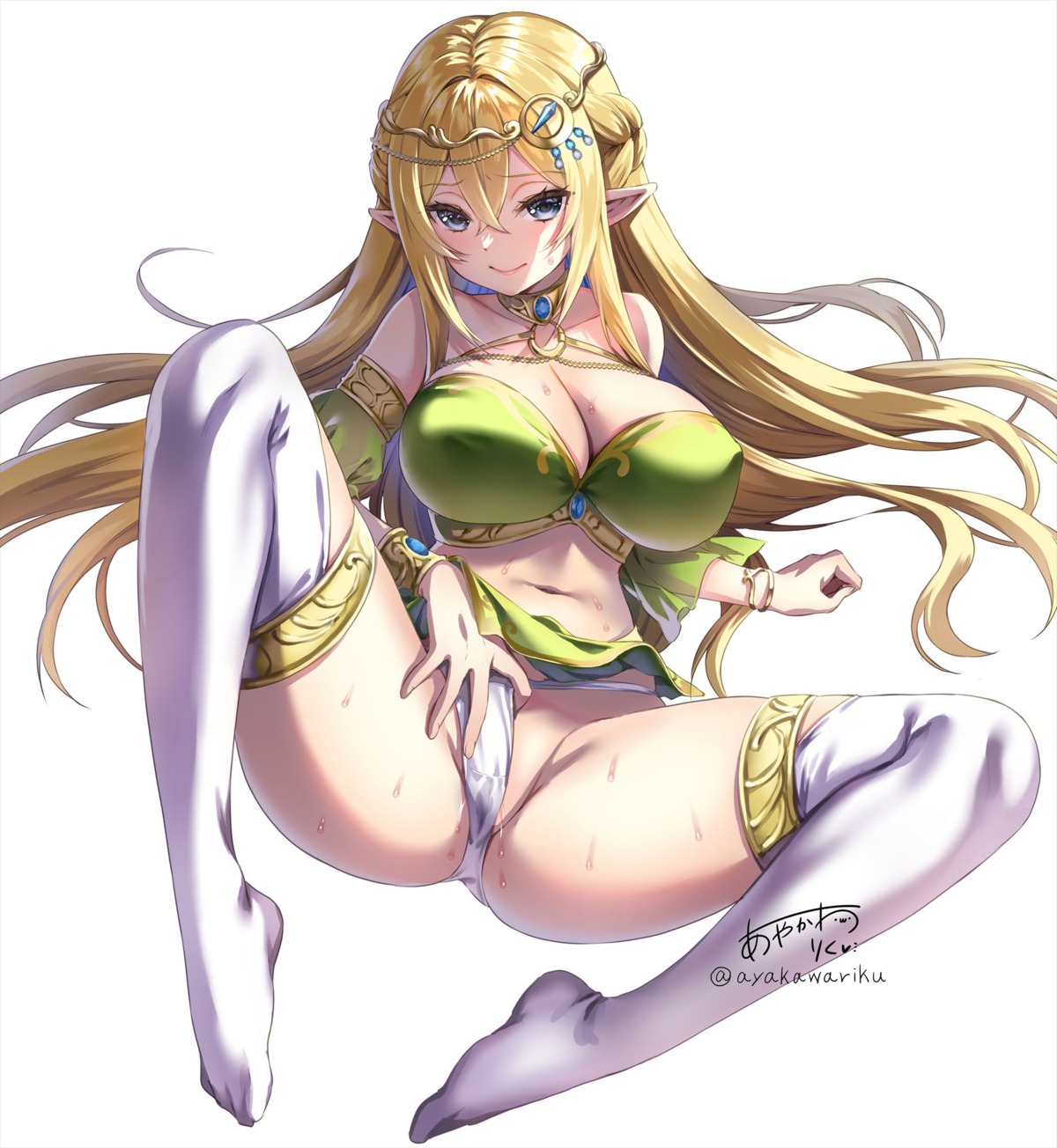 aigamodou ayakawa_riku elf erect_nipples no_bra pantsu panty_pull pointy_ears see_through skirt_lift thighhighs thong wet