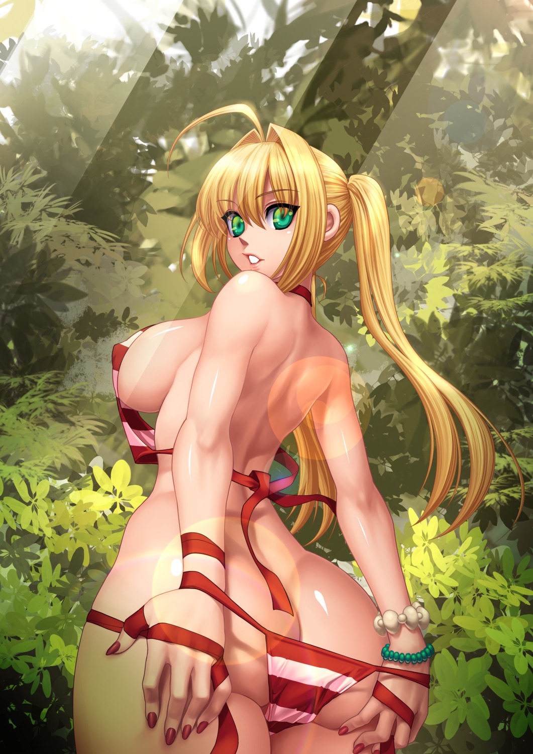 ass ass_grab bikini erect_nipples fate/grand_order ouru panty_pull saber_extra swimsuits