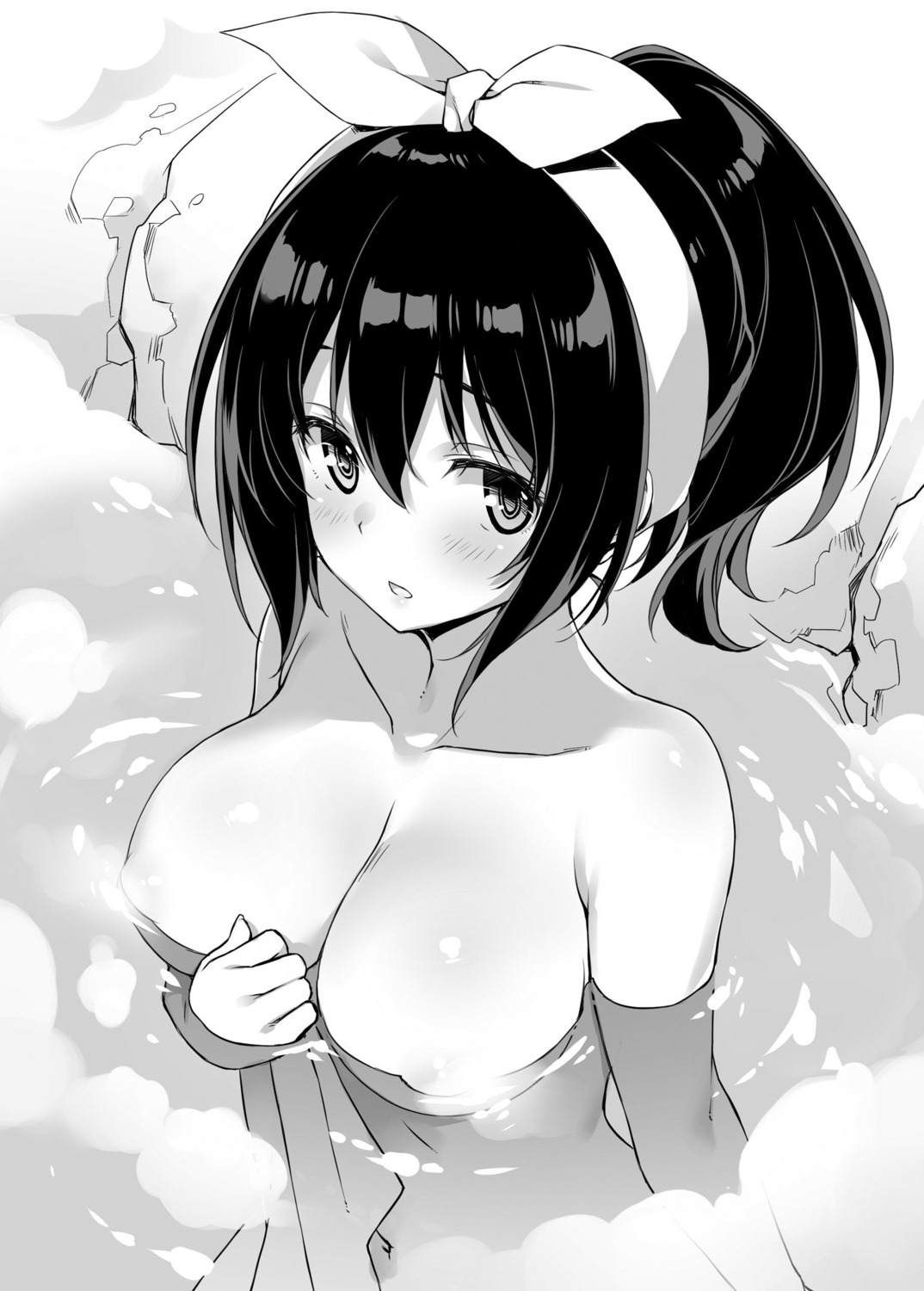 areola bathing censored kono_subarashii_sekai_ni_shukufuku_wo! monochrome naked onsen towel wet yunyun_(konosuba) yuuki_hagure