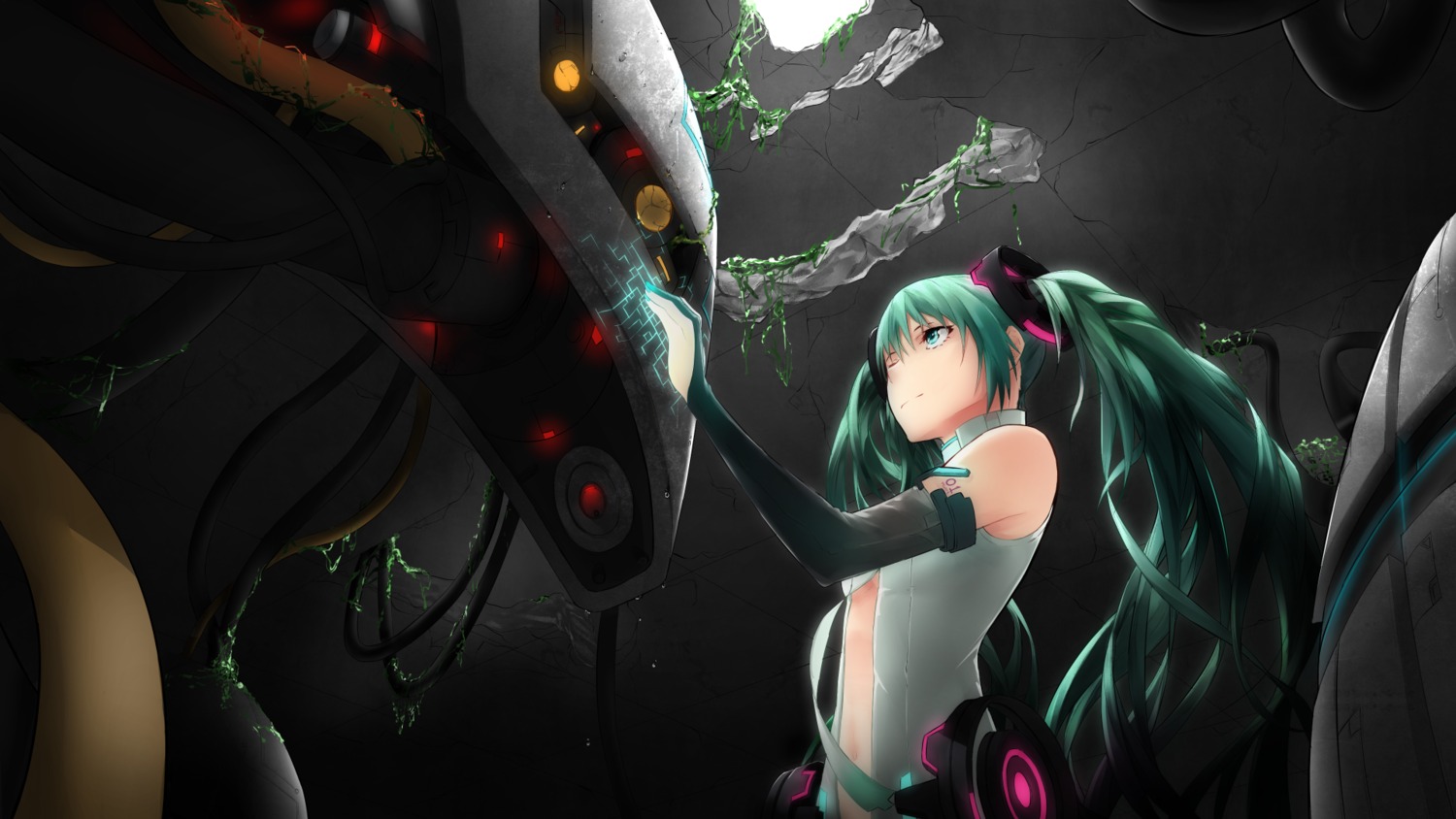 hatsune_miku mecha miku_append open_shirt tattoo vocaloid wallpaper