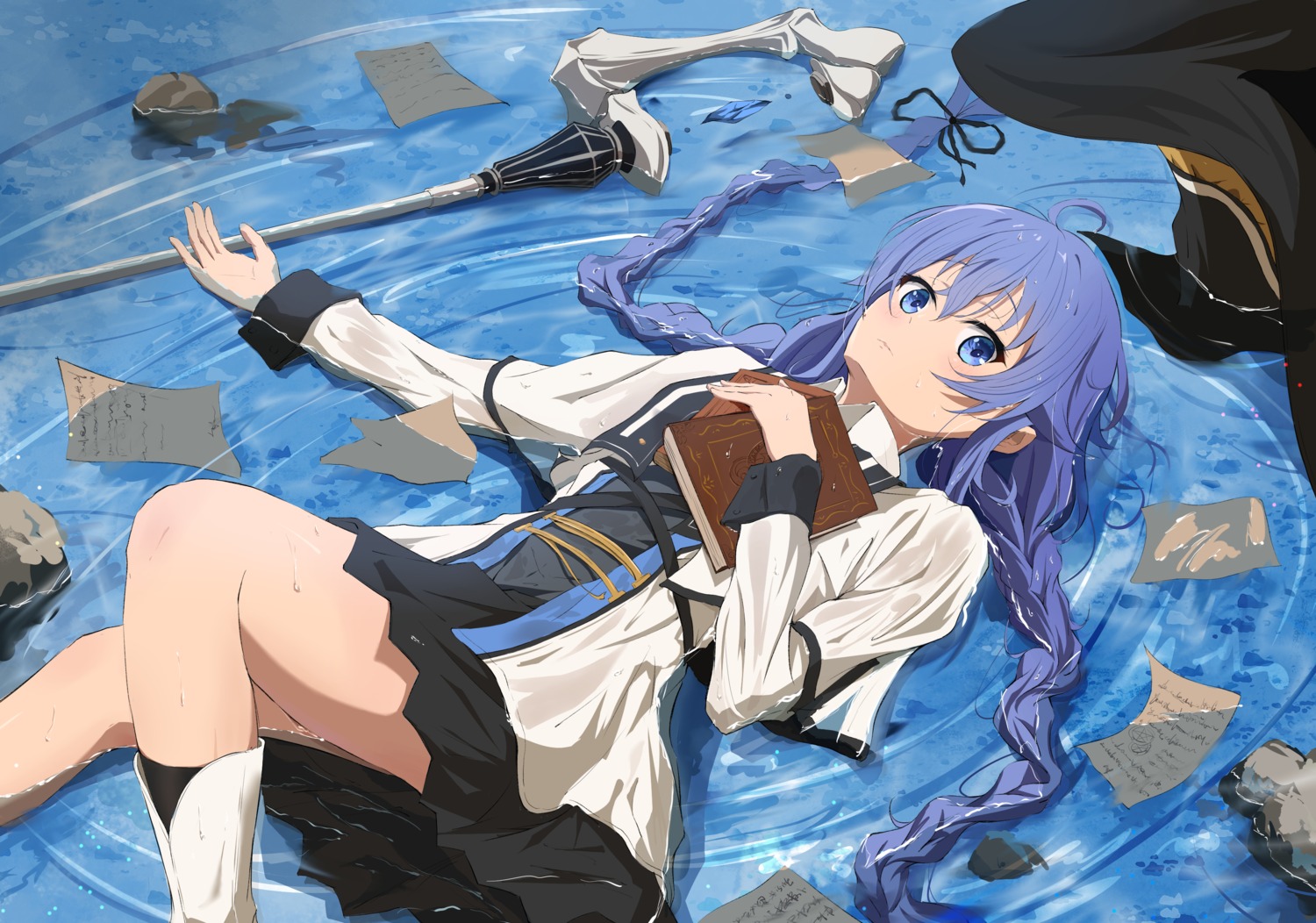 b_black_w_white mushoku_tensei roxy_migurdia see_through skirt_lift weapon wet wet_clothes witch