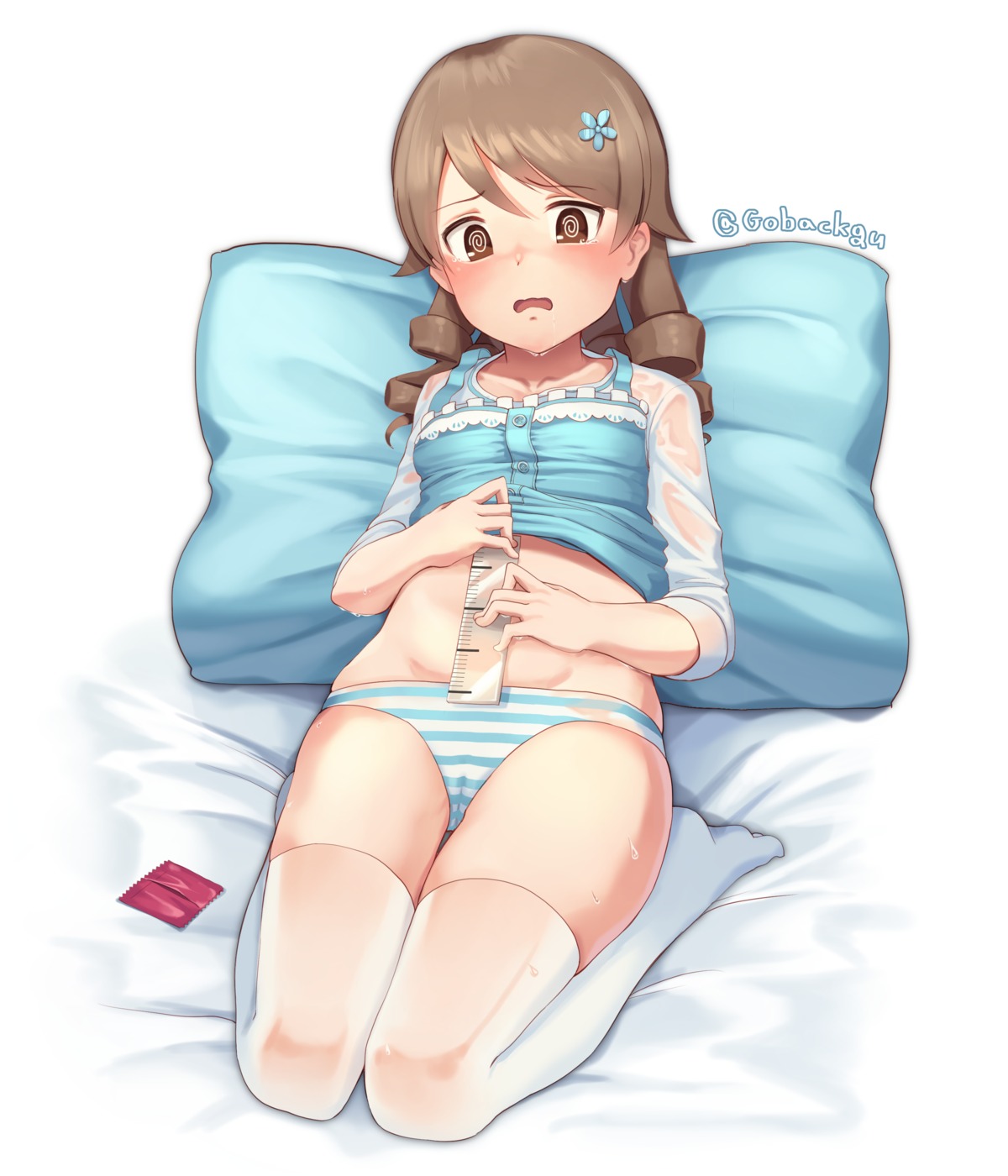 cameltoe goback loli morikubo_nono pantsu see_through shimapan shirt_lift the_idolm@ster the_idolm@ster_cinderella_girls thighhighs wet_clothes