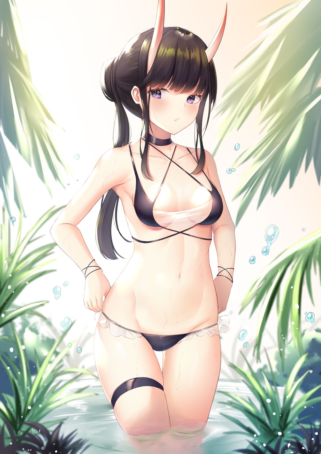 airool azur_lane bikini garter horns noshiro_(azur_lane) see_through swimsuits wet