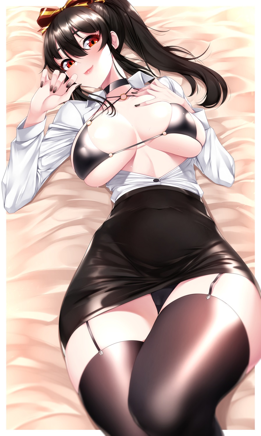 akchu bra cameltoe chobi_(akchu) dress_shirt erect_nipples open_shirt pantsu skirt_lift stockings thighhighs