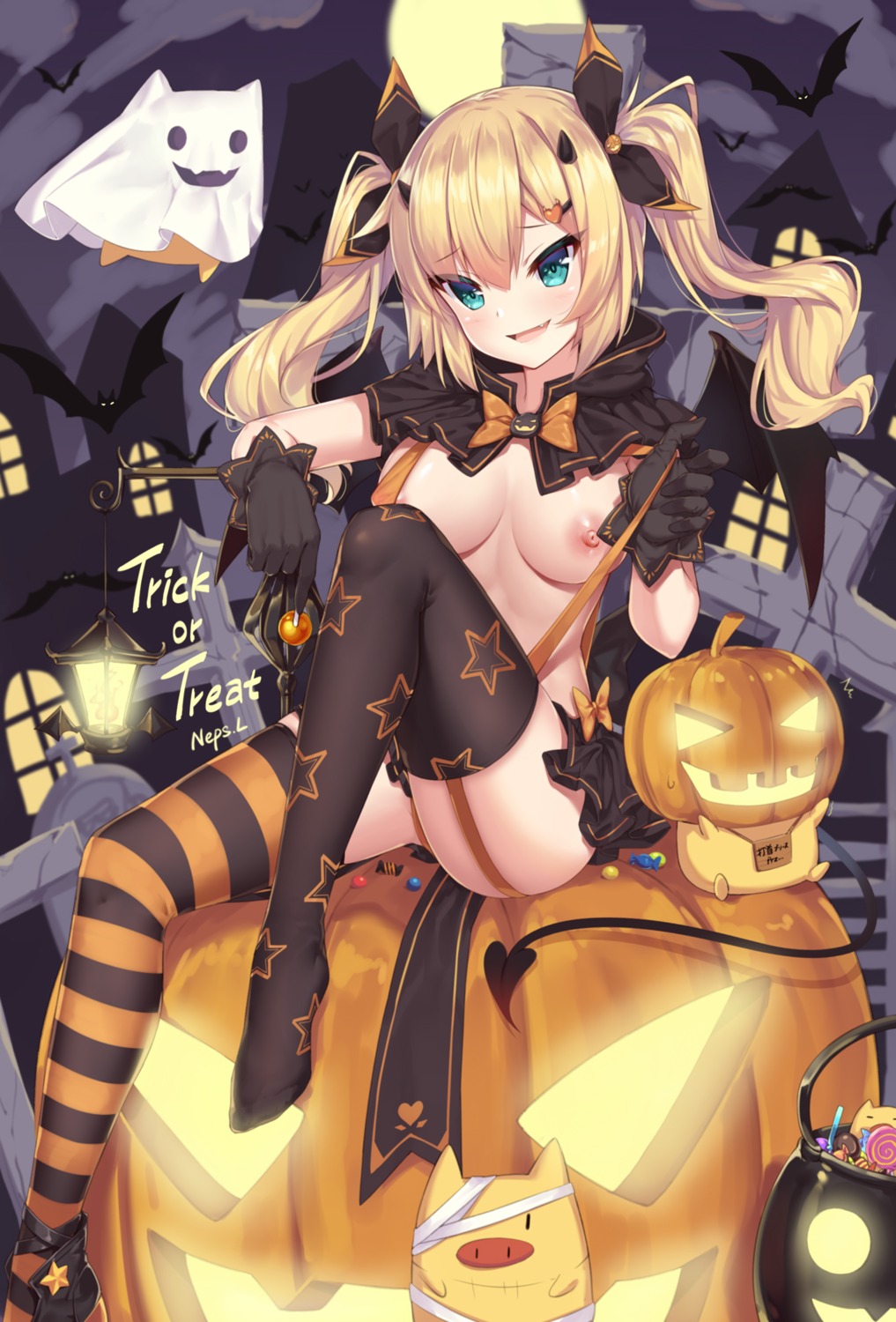 akai_haato breasts halloween hololive horns neps-l nipples no_bra pantsu skirt_lift stockings tail thighhighs thong wings