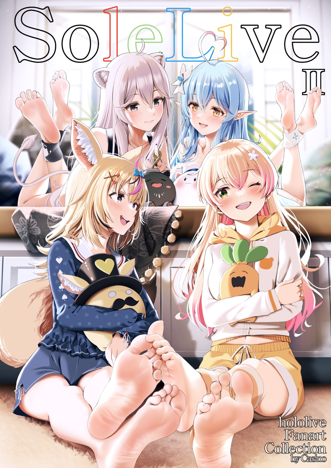 animal_ears casino_(casinoep) elf feet hololive momosuzu_nene omaru_polka pointy_ears shishiro_botan tail yukihana_lamy