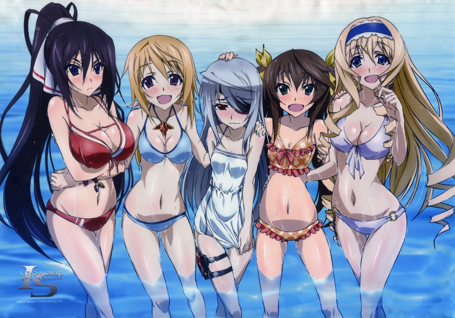 bikini breast_hold cecilia_alcott charlotte_dunois cleavage eyepatch huang_lingyin infinite_stratos laura_bodewig screening shinonono_houki swimsuits