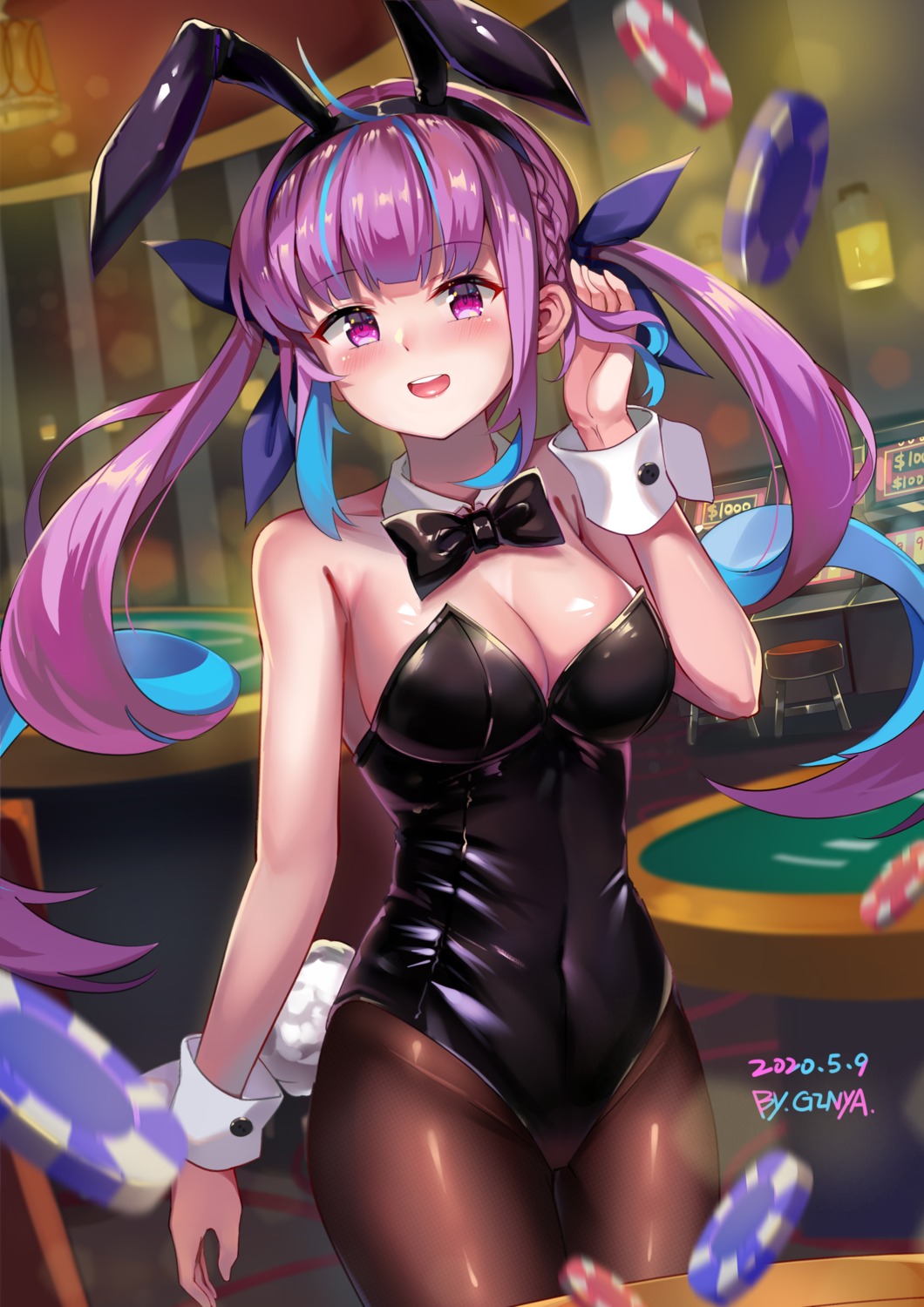 animal_ears bunny_ears bunny_girl ginyasama hololive minato_aqua no_bra pantyhose tail