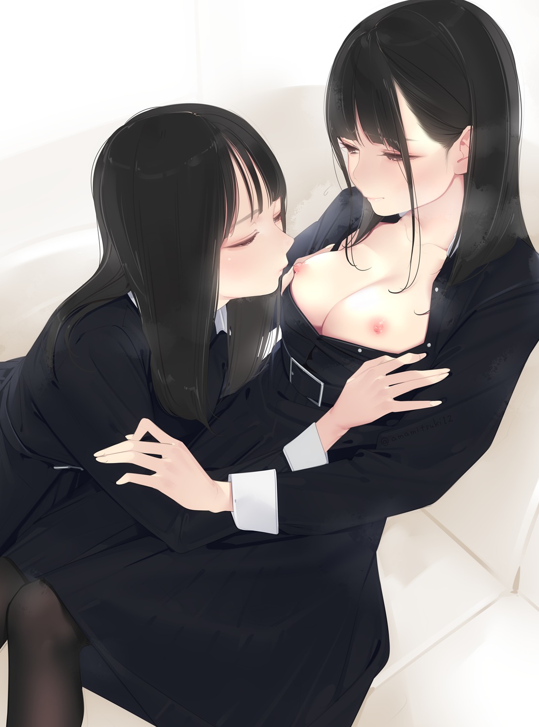 ama_mitsuki breasts nipples no_bra open_shirt seifuku yuri