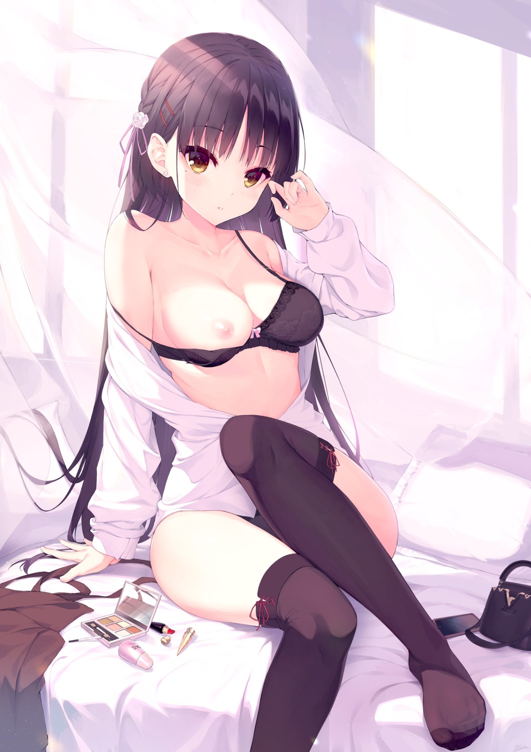 bra breasts cafe_stella_to_shinigami_no_chou haku89 nipples open_shirt pantsu shiki_natsume thighhighs