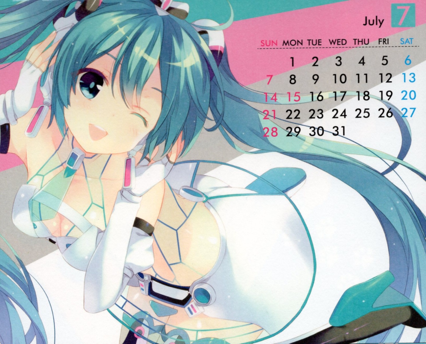 bikini_top calendar cleavage hatsune_miku headphones heels ohara_tometa paper_texture qp:flapper see_through swimsuits thighhighs vocaloid