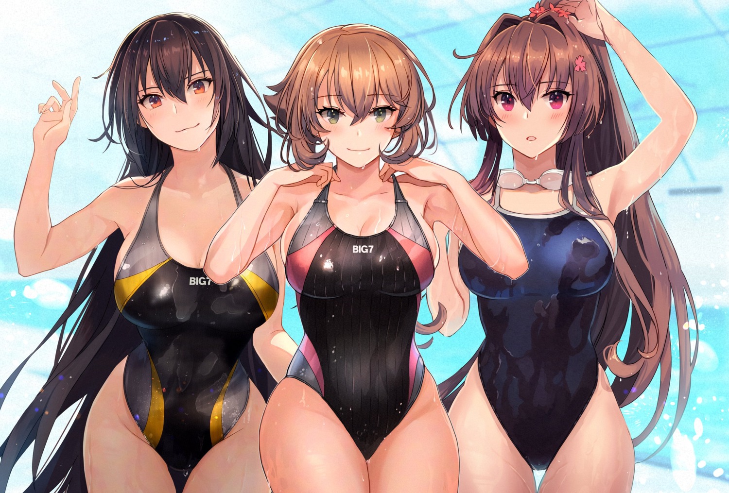 kantai_collection kasumi_(skchkko) mutsu_(kancolle) nagato_(kancolle) swimsuits wet yamato_(kancolle)