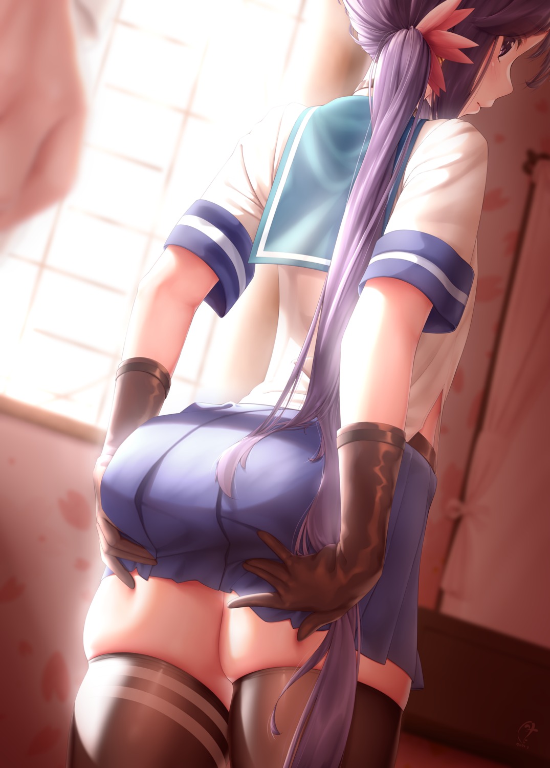 akebono_(kancolle) ass ass_grab etsunami_kumita kantai_collection seifuku skirt_lift thighhighs