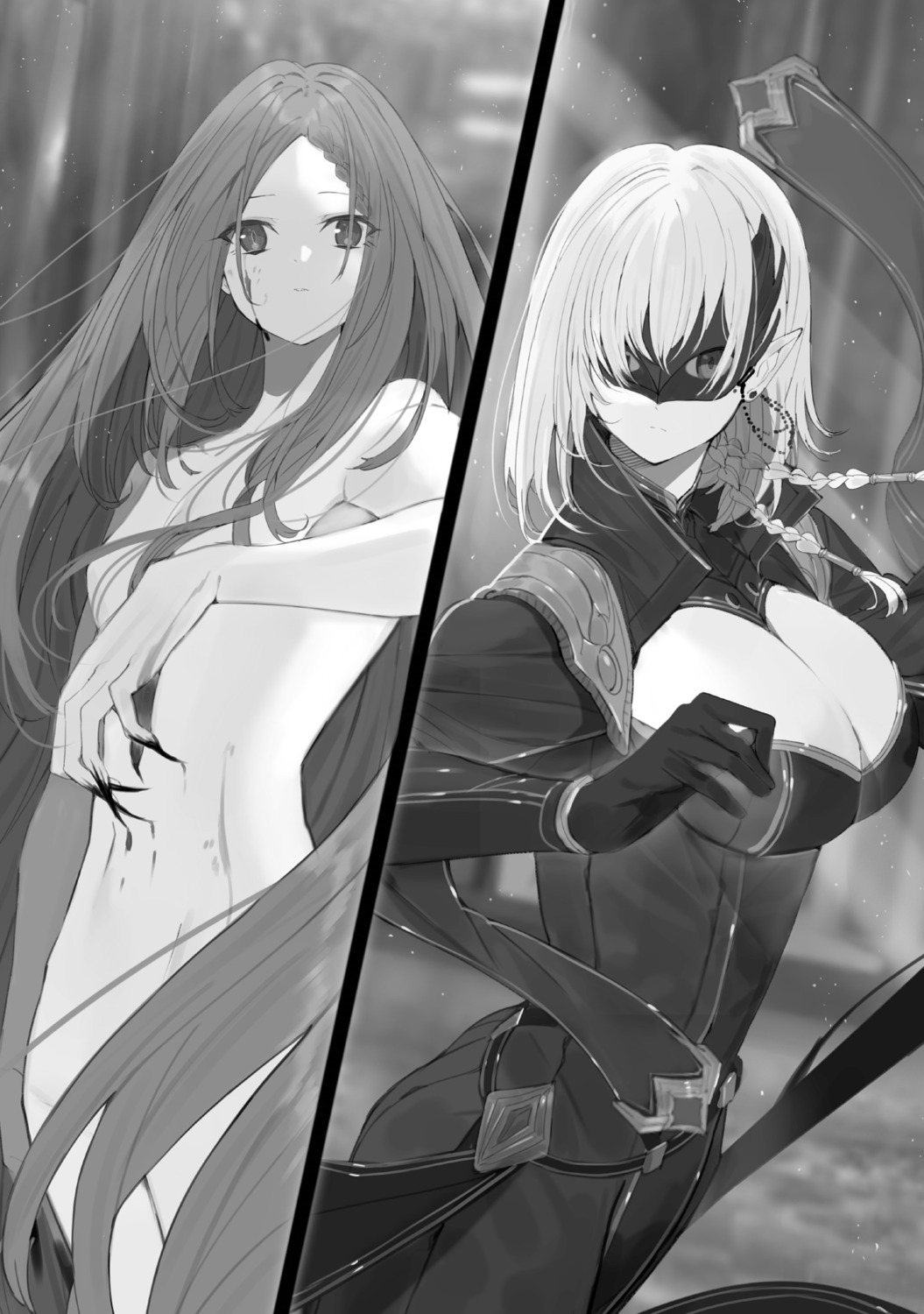 beta_(kage_no_jitsuryokusha_ni_naritakute!) blood cleavage elf elisabeth_(kage_no_jitsuryokusha_ni_naritakute!) kage_no_jitsuryokusha_ni_naritakute! monochrome naked pointy_ears touzai