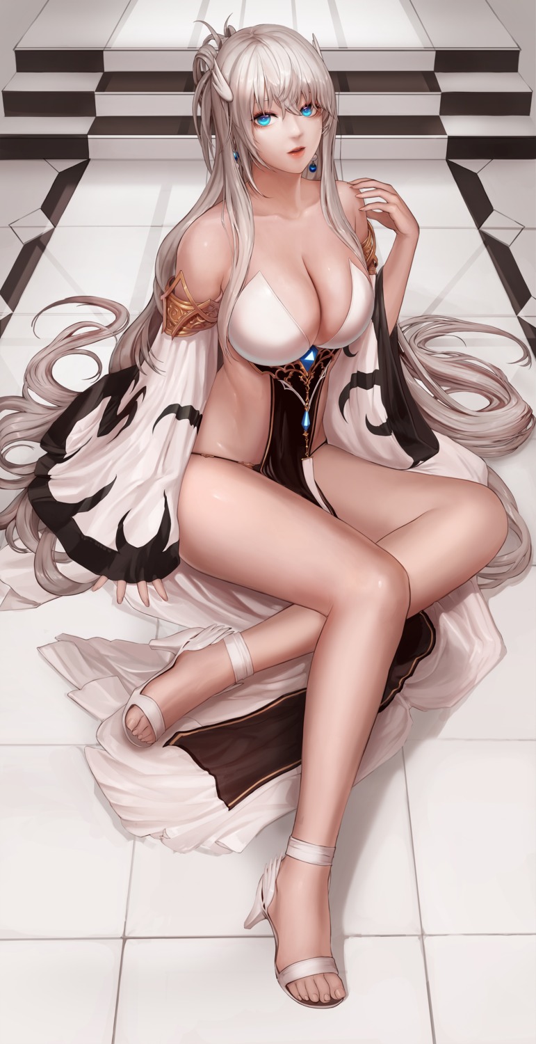 cleavage dress dungeon_fighter heels monaim no_bra pantsu