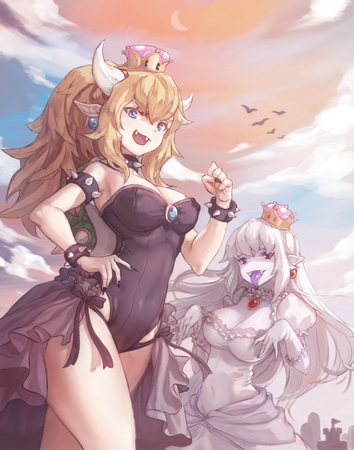 bowsette cleavage dress horns kuzel_(bonolangje) leotard new_super_mario_bros._u_deluxe pointy_ears princess_king_boo