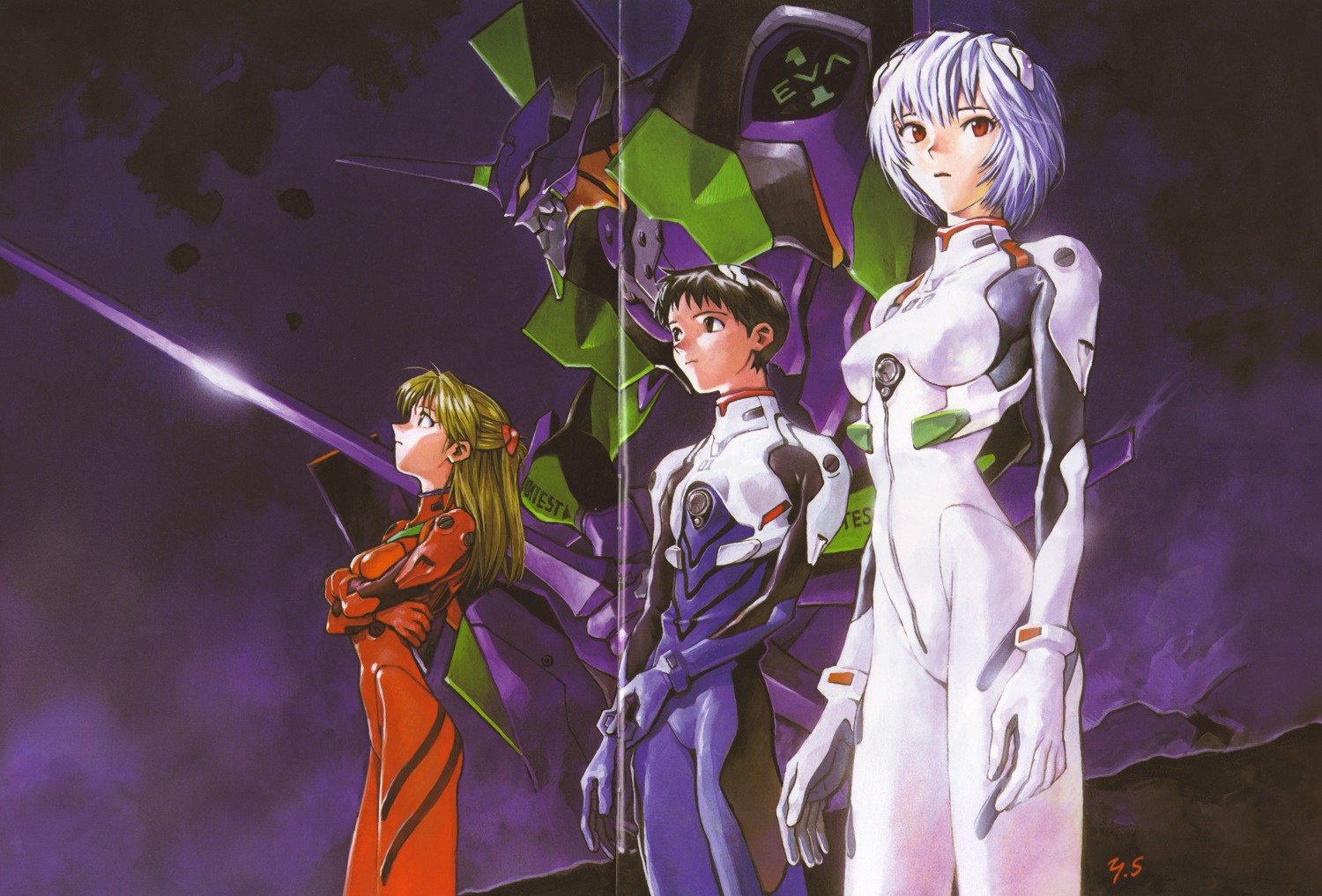 ayanami_rei bodysuit crease eva_01 ikari_shinji mecha neon_genesis_evangelion sadamoto_yoshiyuki souryuu_asuka_langley weapon