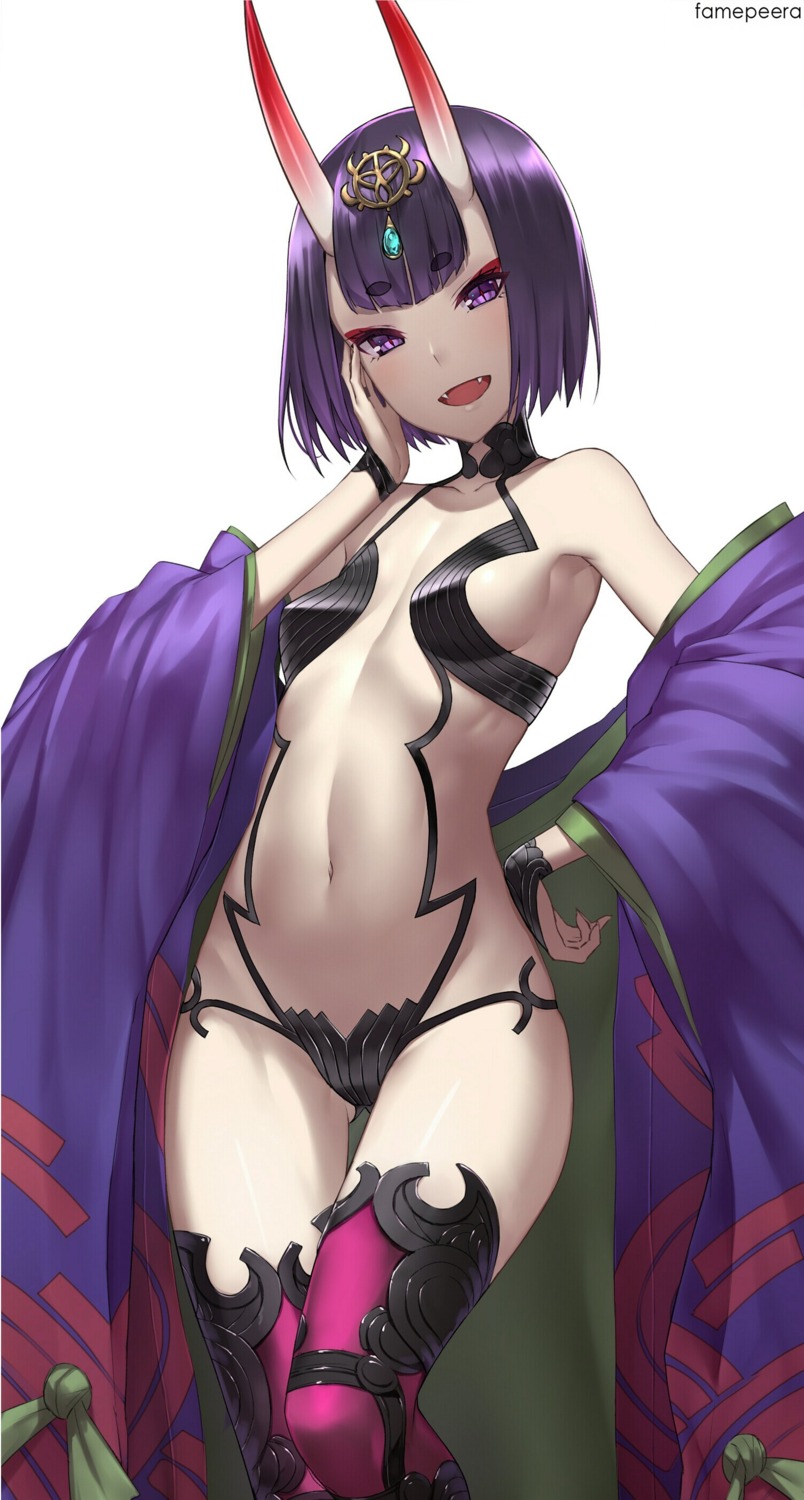 cleavage famepeera fate/grand_order horns japanese_clothes no_bra open_shirt pantsu shuten_douji_(fate/grand_order) thighhighs