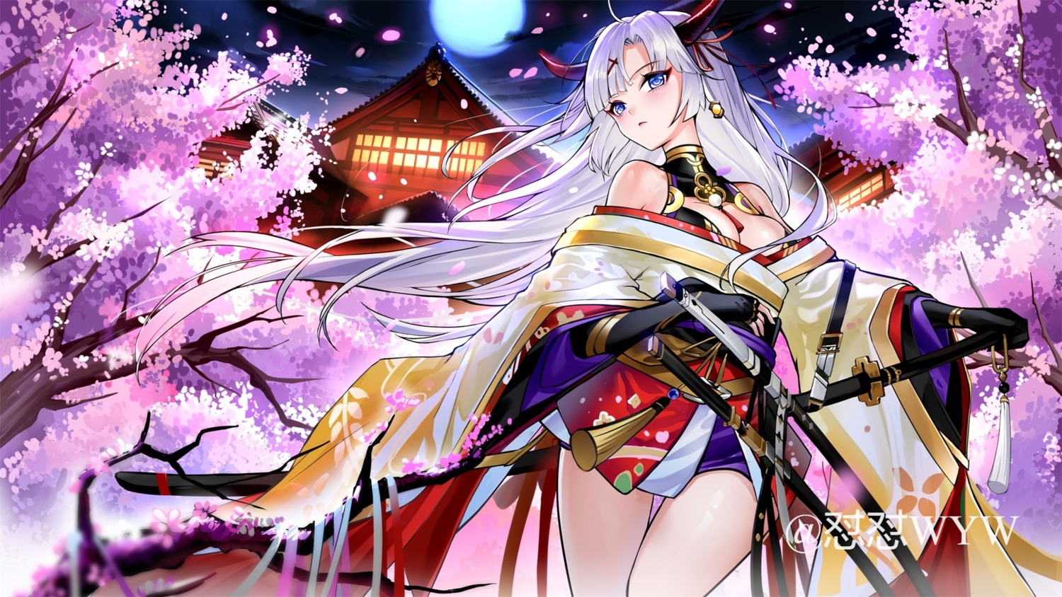 cleavage horns japanese_clothes open_shirt phantomoon sword tameiki wallpaper