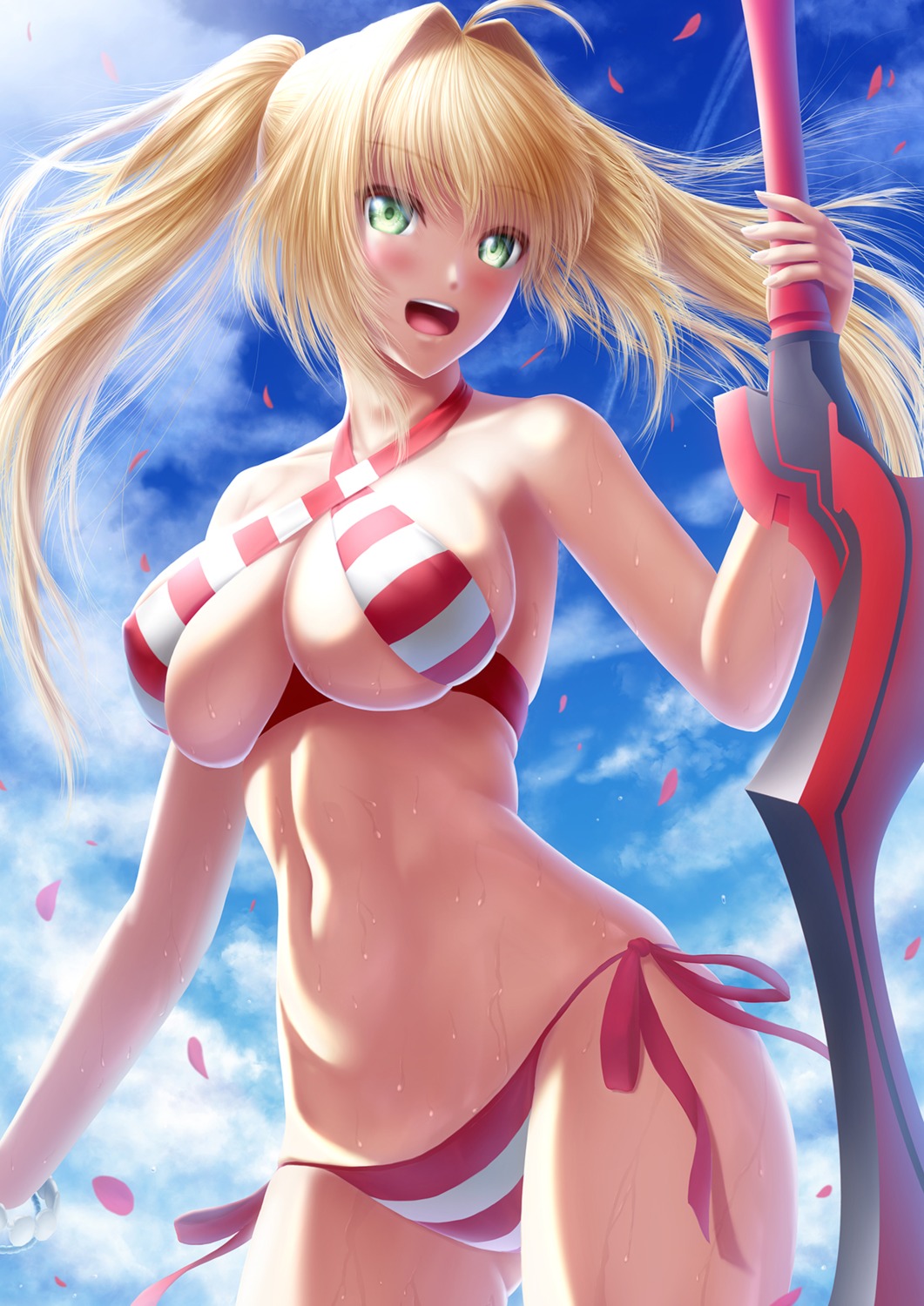 bikini breasts cleavage erect_nipples fate/grand_order fate/stay_night saber_extra swimsuits sword wet