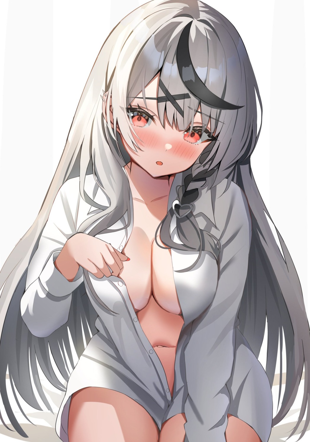 aa44 dress_shirt hololive no_bra open_shirt sakamata_chloe undressing