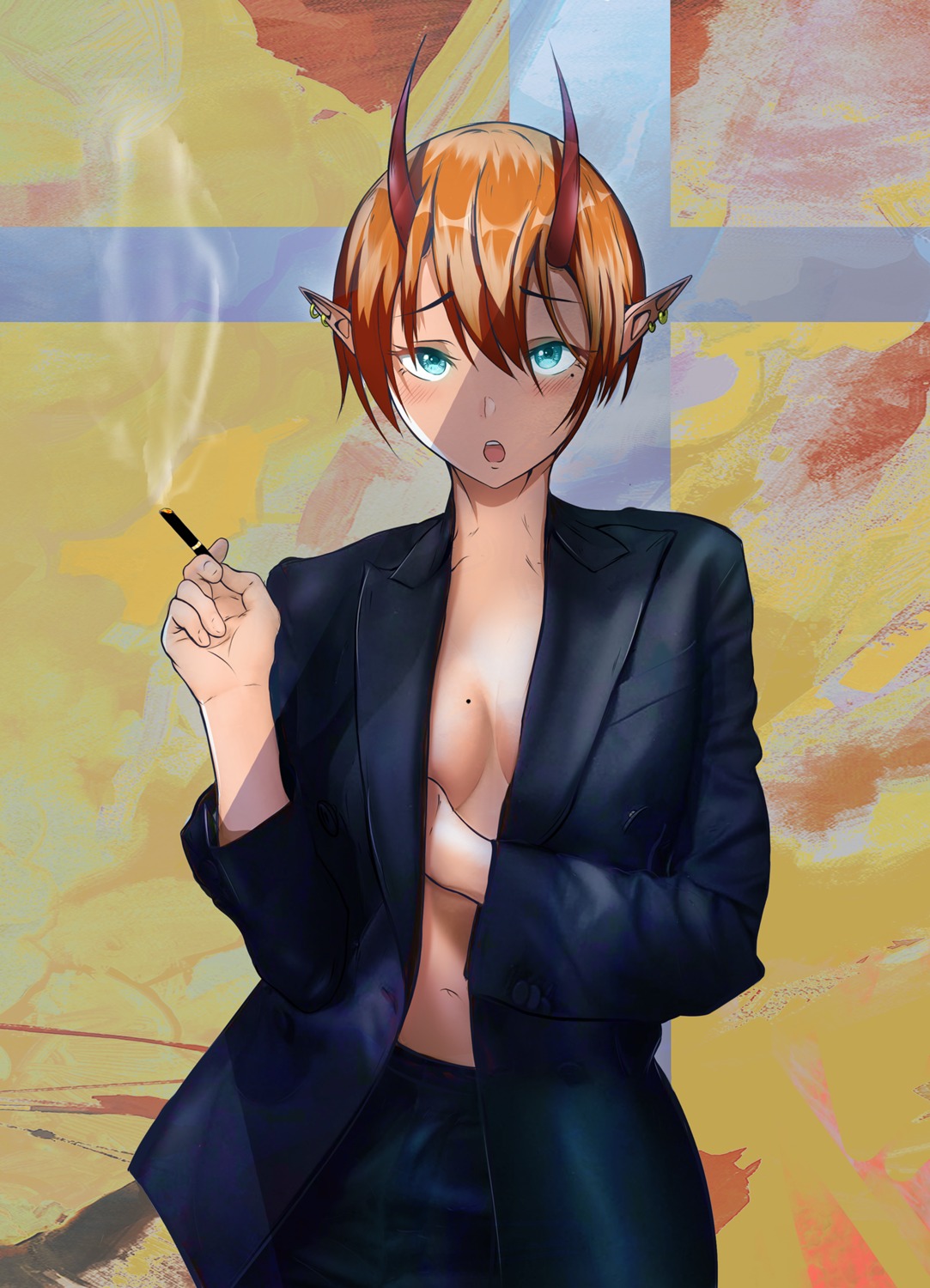business_suit horns no_bra open_shirt pointy_ears smoking t3x