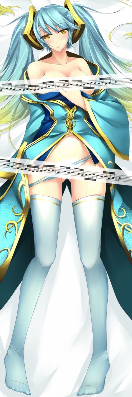 cleavage dean jpeg_artifacts league_of_legends no_bra pantsu panty_pull sona_buvelle thighhighs