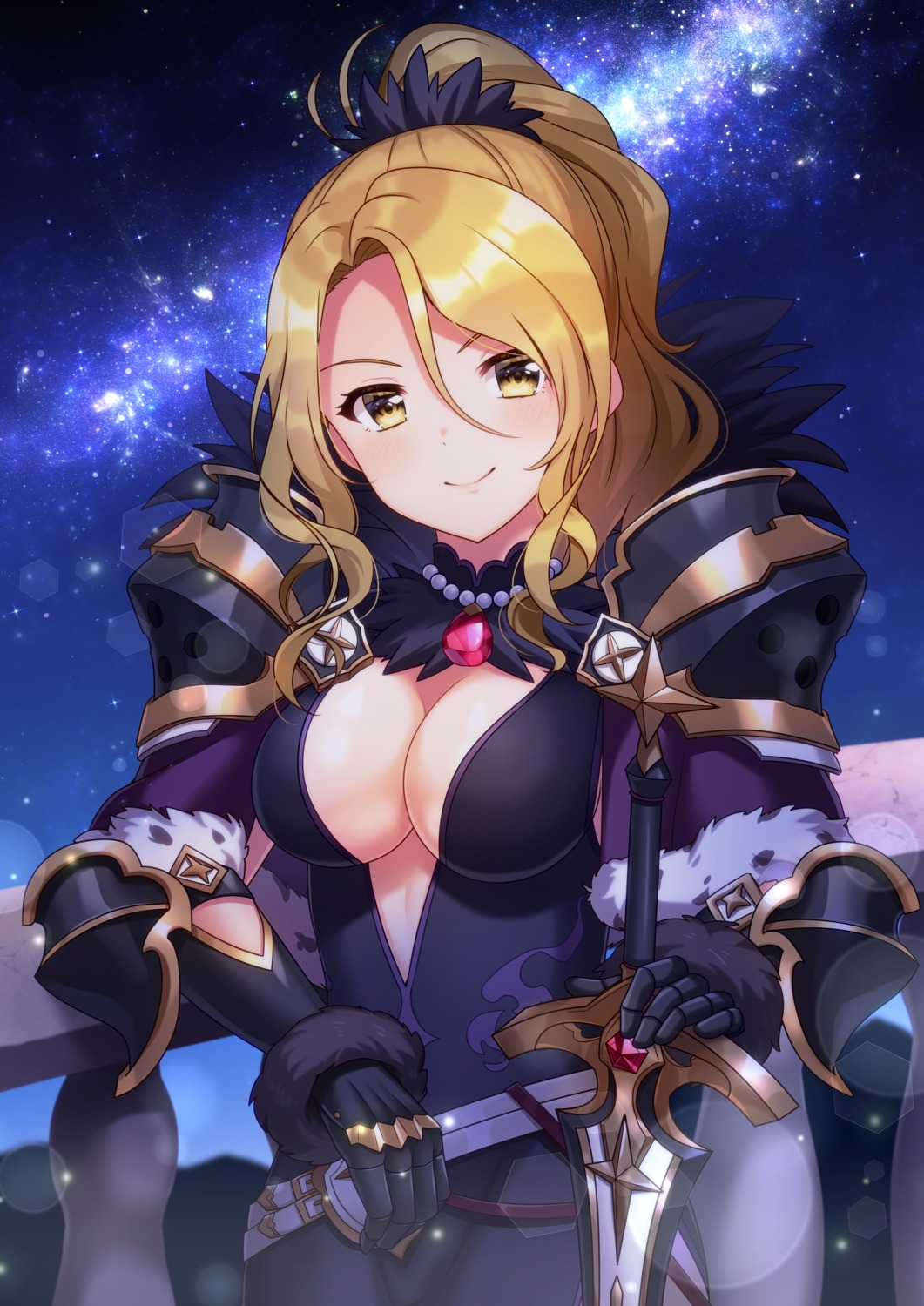 armor christina_morgan cleavage no_bra open_shirt princess_connect! princess_connect!_re:dive rokumaru_inami sword