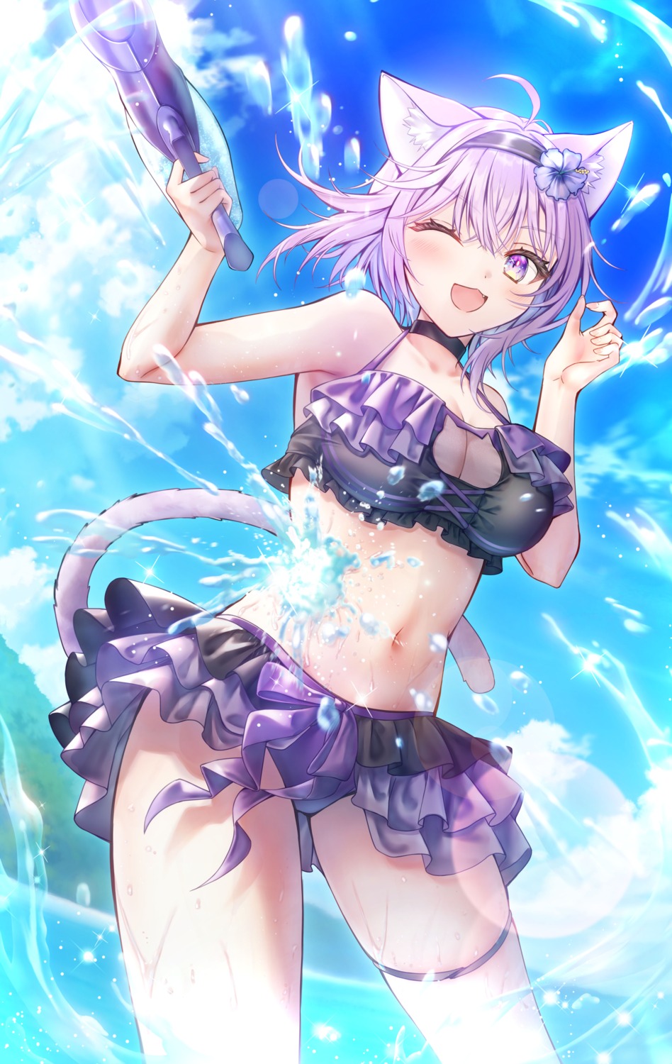 animal_ears bikini cleavage entergram garter gun hanekoto hololive hololive_gamers nekomata_okayu nekomimi okayunyumu! see_through swimsuits tail wet