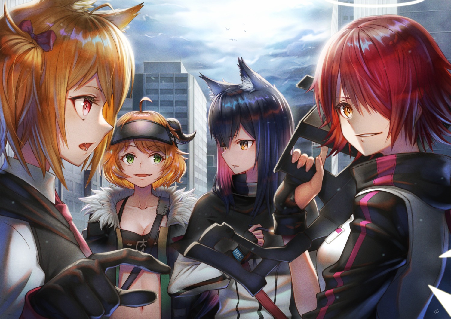 animal_ears arknights cleavage gun horns sho_(sumika)