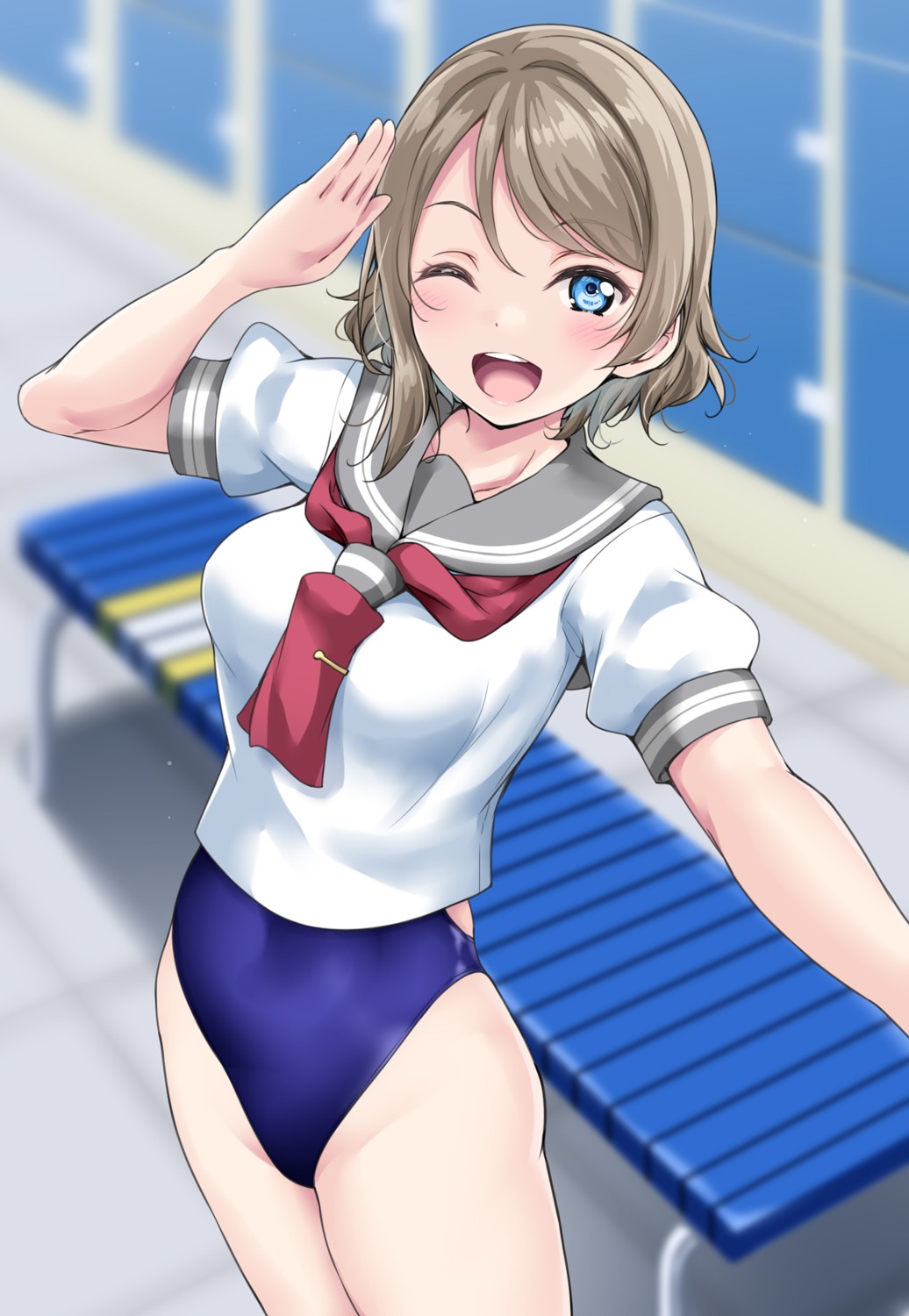 love_live!_sunshine!! seifuku selfie swimsuits watanabe_you yopparai_oni