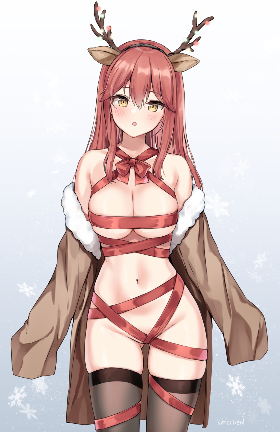 animal_ears christmas horns kaetzchen liliya_(kaetzchen) naked_ribbon no_bra nopan open_shirt thighhighs