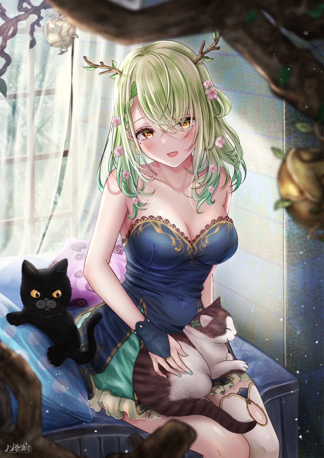 ceres_fauna cleavage hololive hololive_english horns neko no_bra norino thighhighs