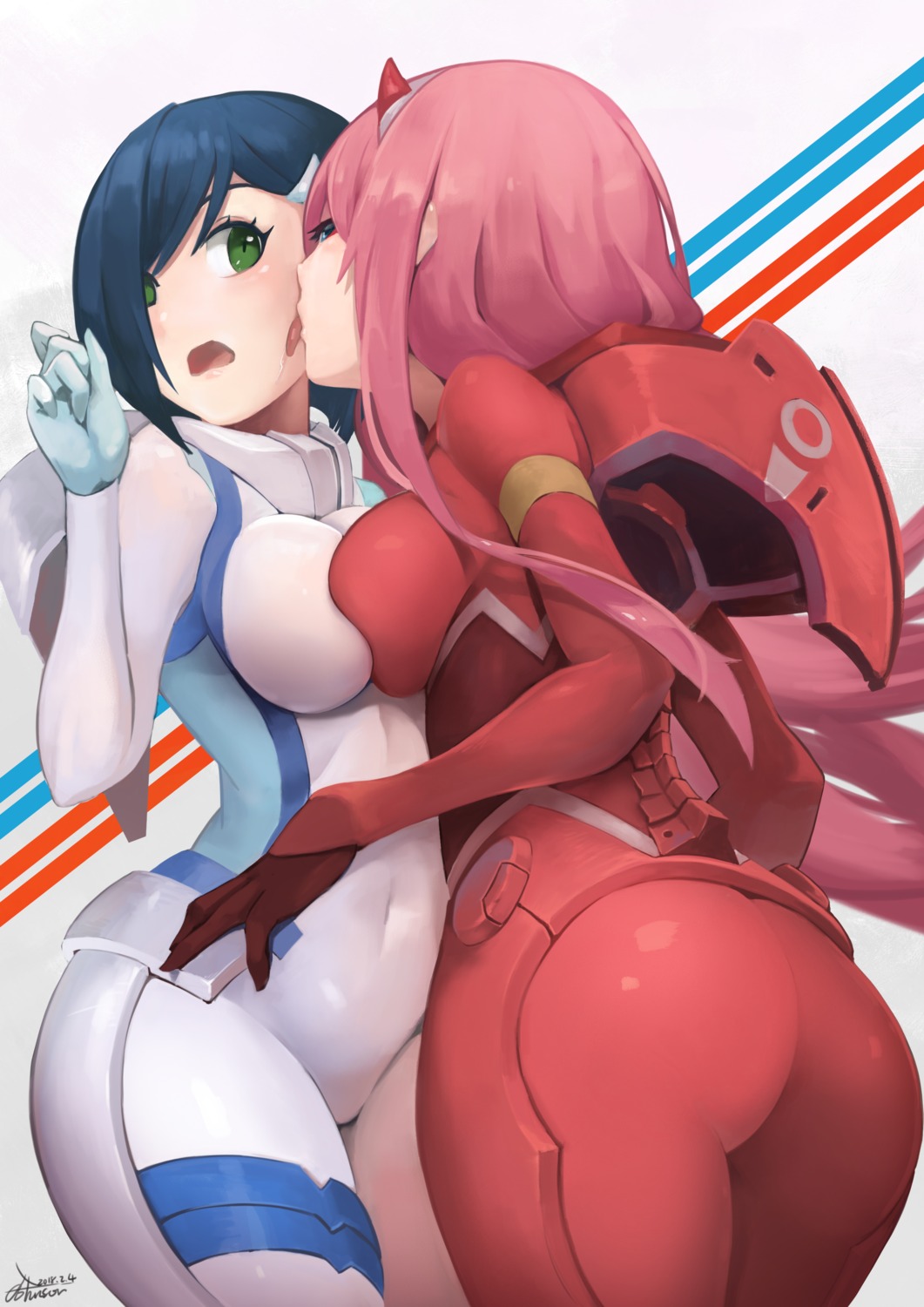 ass bodysuit crow_aberdeen darling_in_the_franxx horns ichigo_(darling_in_the_franxx) symmetrical_docking yuri zero_two_(darling_in_the_franxx)