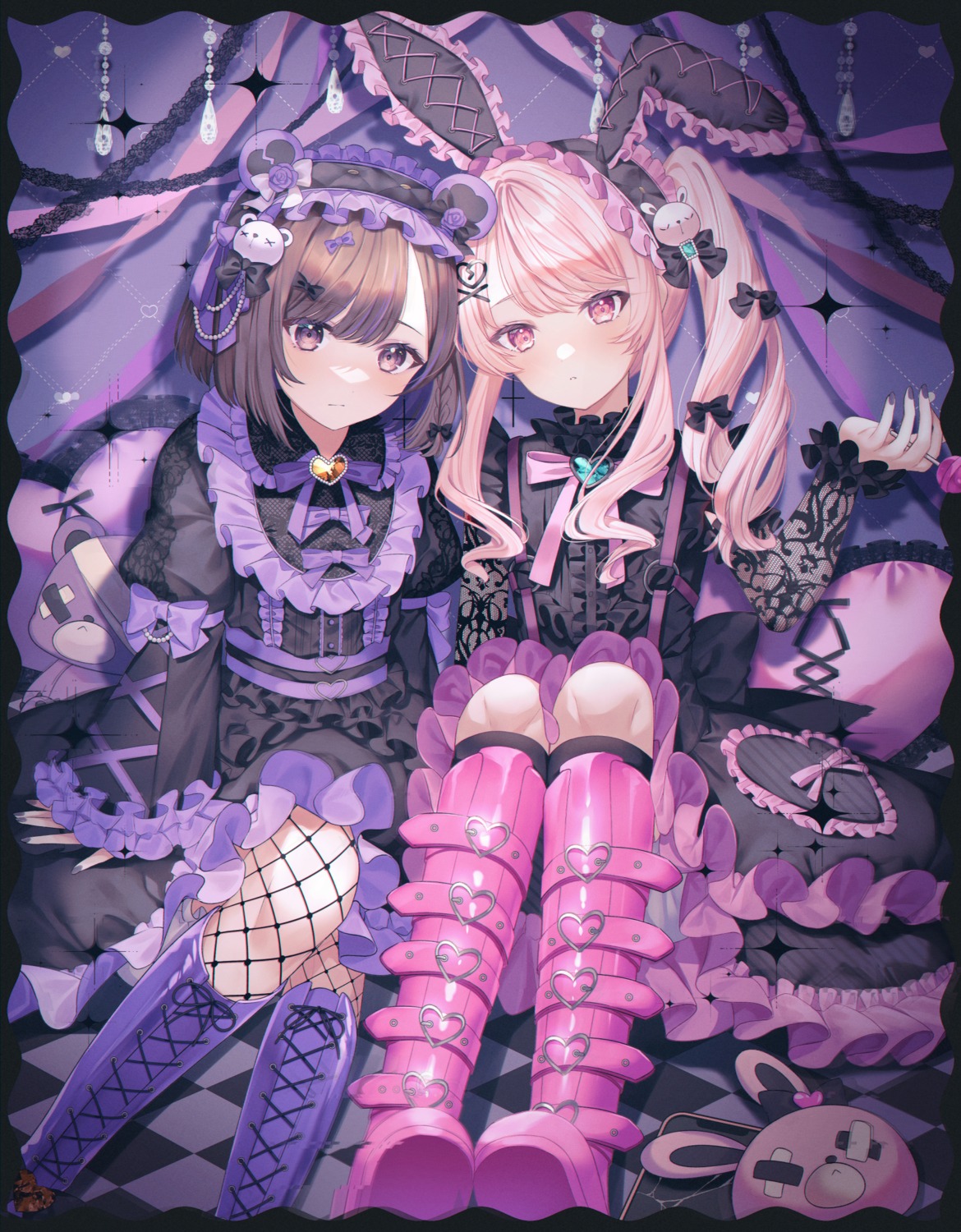 akiyama_mizuki animal_ears bunny_ears fishnets gothic_lolita lolita_fashion lushuao project_sekai see_through shinonome_ena