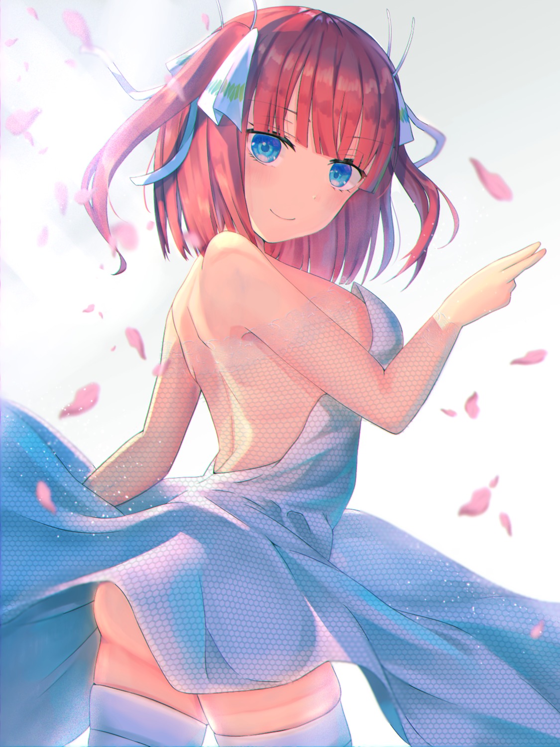 5-toubun_no_hanayome ass dress nakano_nino no_bra skirt_lift slime07 thighhighs wedding_dress